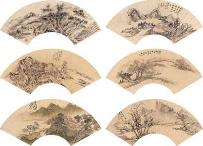 秦炳文 朱昂之 李修易 任预 董耀 张培敦 山水扇集（六件） 扇片